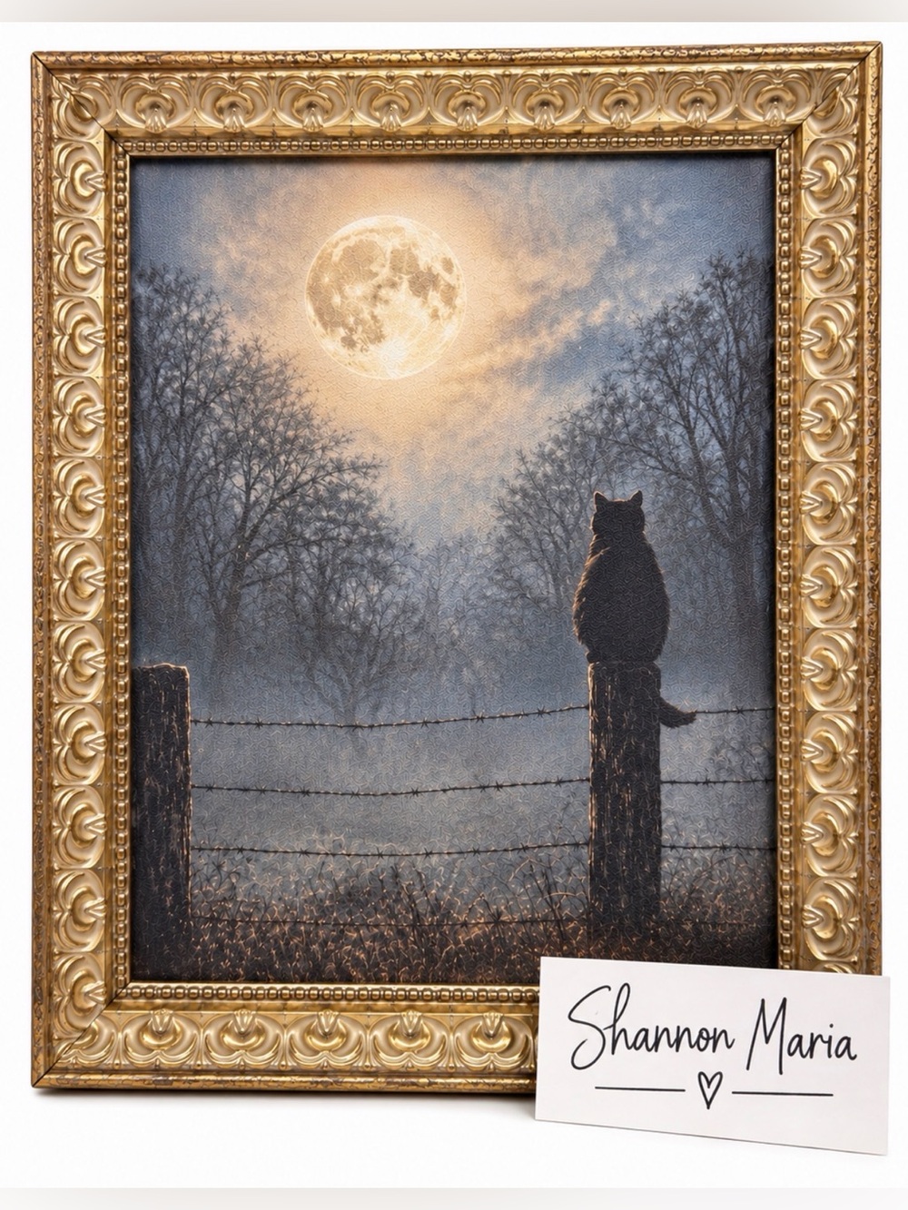 NWT Viral Petal Lane Black Cat Full Moon Framed Wall Art Ornate Gold